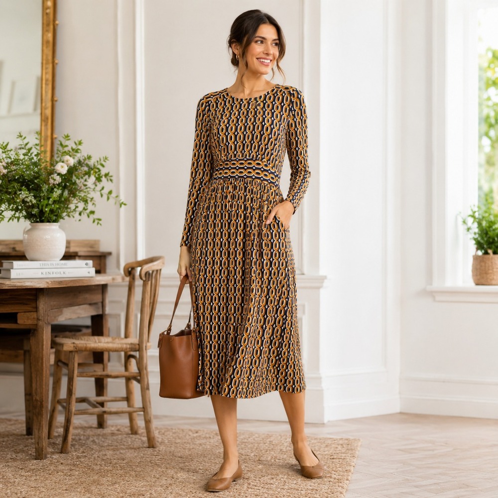 BODEN Women's Thea Midi Dress Mustard 4R Geometric Jersey Long Sleeve D1059 - Picture 3 of 13
